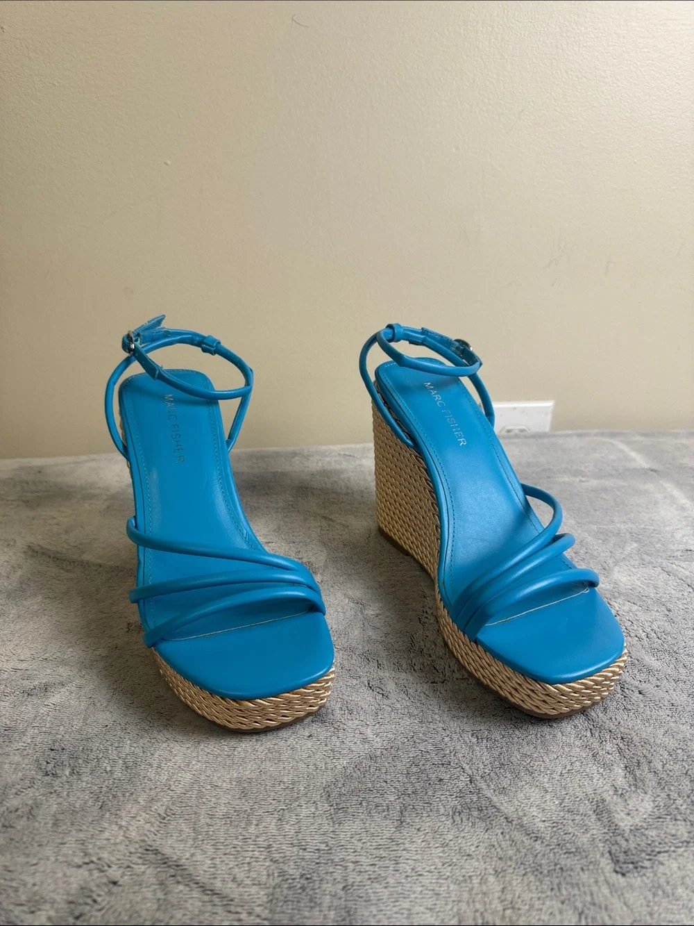 Marc Fisher Blue Leather Ankle Strap Espadrille Wedge Heel Sandal - Size 7 NWOB